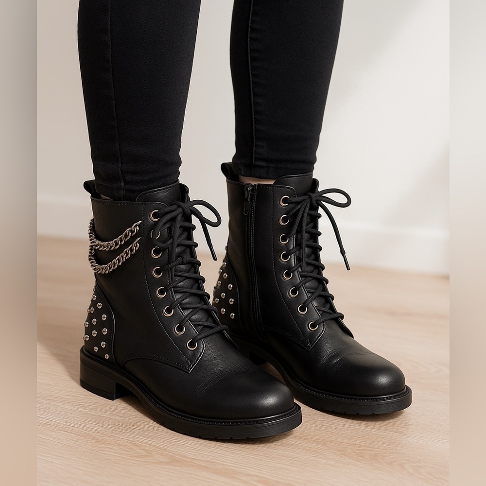 MNG black studded leather combat boots chain lace-up ankle-high round toe US 6,5